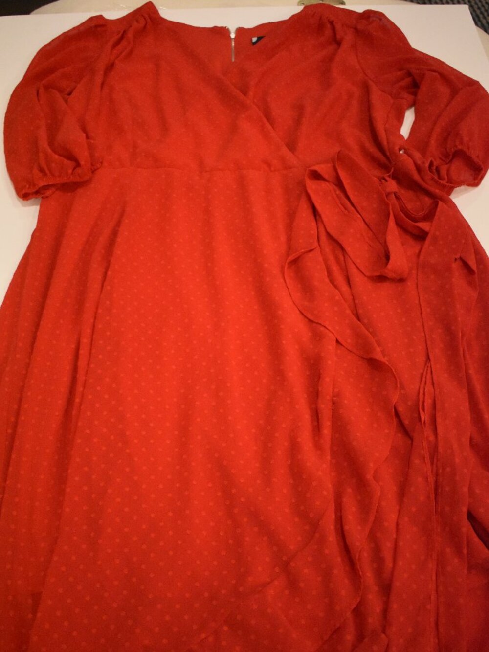 Maison Tara Women’s 22W Red Swiss Dot Ruffle Wrap Midi Dress Puff Sleeve